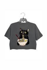 Funny Cat Eating Noodles Ramen Crop Top For Women