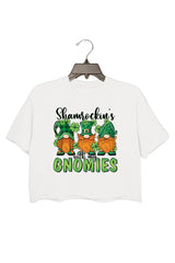 St Patrick's Day Gnome Shamrock Crop Tee For Women