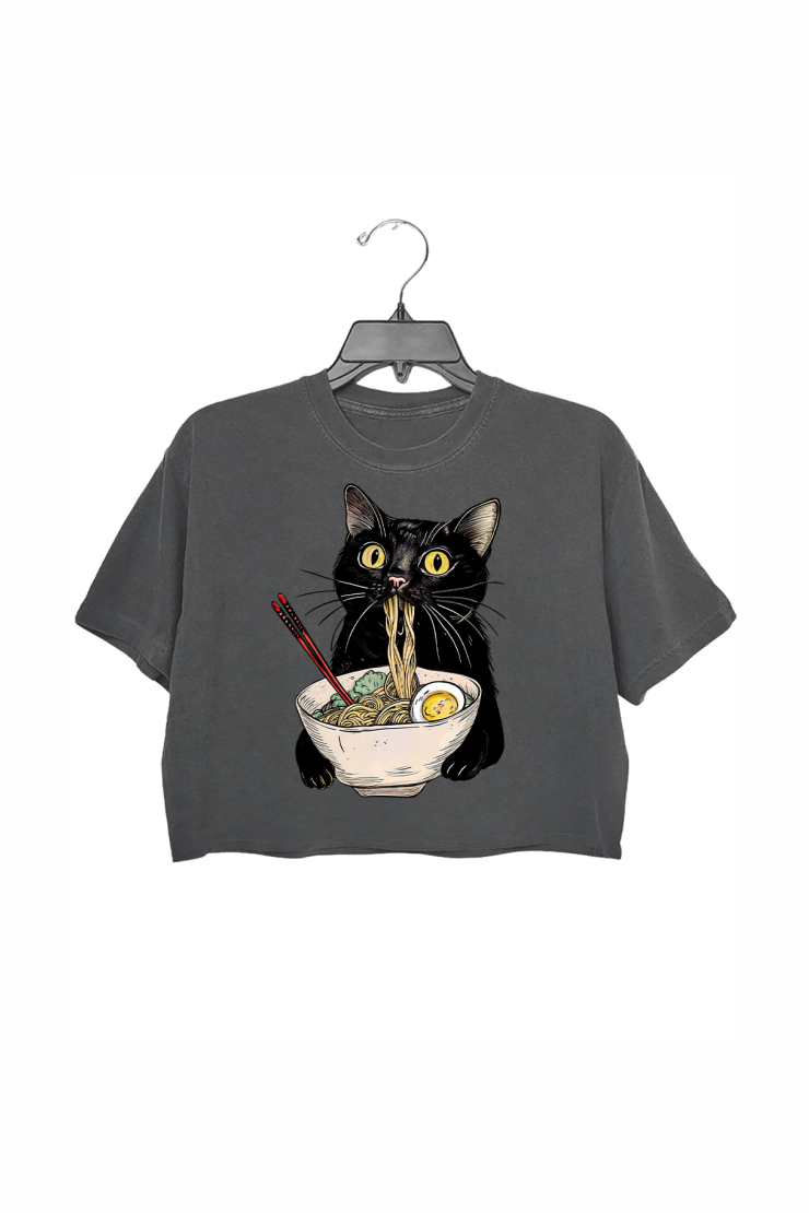 Funny Cat Eating Noodles Ramen Crop Top For Women