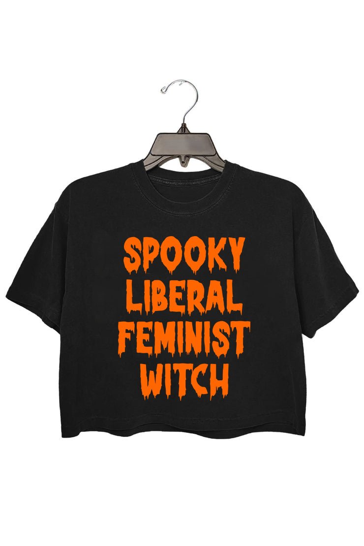 spooky liberal feminist witch crop tee for women
