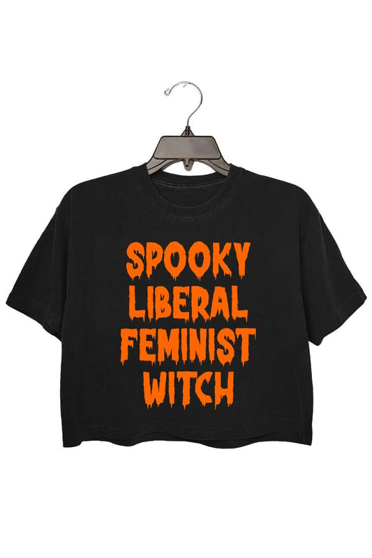 spooky liberal feminist witch crop tee for women