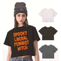spooky liberal feminist witch crop tee for women