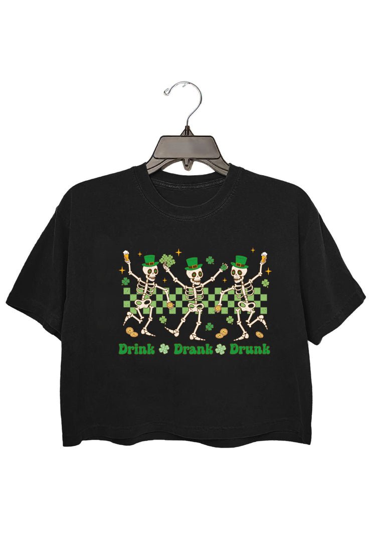 Funny Drinking Irish Skeletons St Patrick's Day Crop Tee For Women