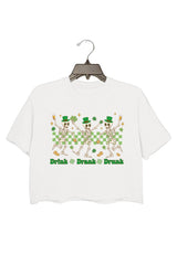 Funny Drinking Irish Skeletons St Patrick's Day Crop Tee For Women