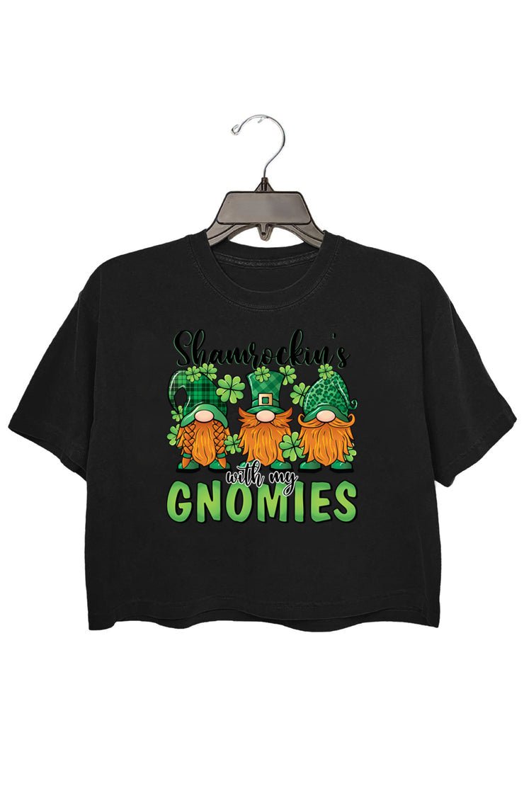 St Patrick's Day Gnome Shamrock Crop Tee For Women