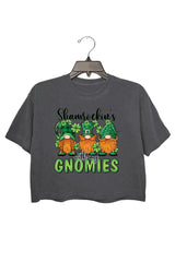 St Patrick's Day Gnome Shamrock Crop Tee For Women